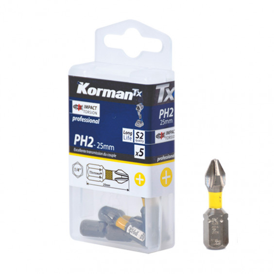 Jeu de 5 embouts Impact Torsion PH2 25mm KORMAN TX