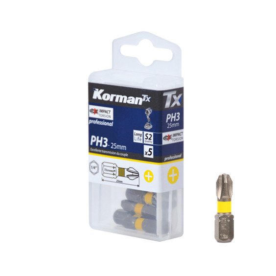 Jeu de 5 Embouts Cruciforme  Impact Torsion PH3 25mm KORMAN TX