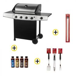 Barbecue gaz 5 brûleurs dont 1 latéral avec plancha et grille de cuisson combinées + Ustensiles + Brochettes + Sauces