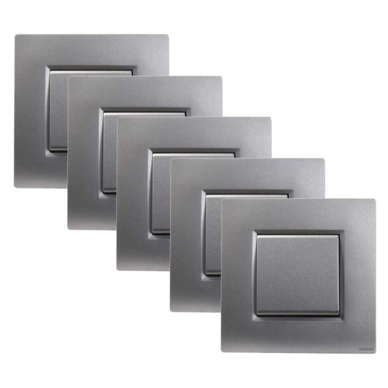 Lot de 5 Interrupteurs Va et Vient 10A Complet Gris Alu NOANE