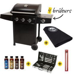 Pack Barbecue Gaz 4 brûleurs + Housse + Ustensiles + Pics Brochette + 4 Sauces OFFERTES